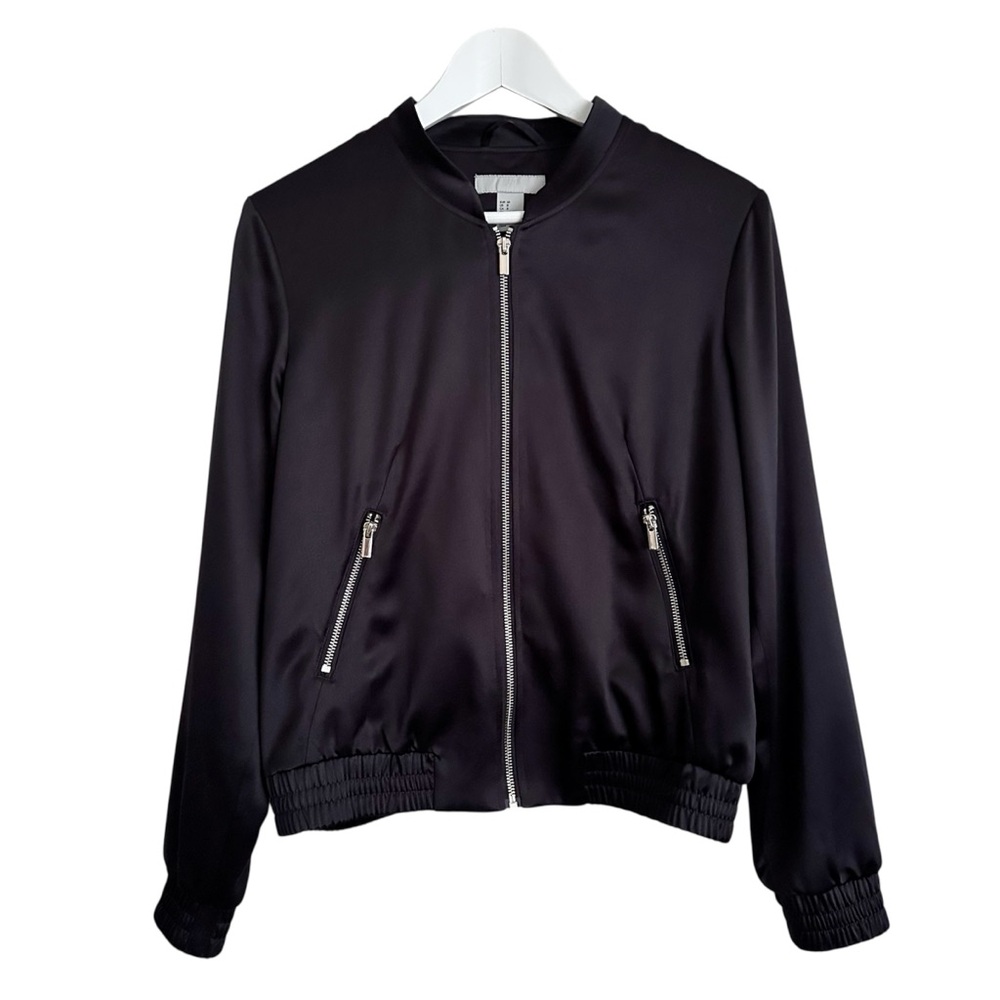 H&M Women's Black Satin Bomber Jacket Size 8